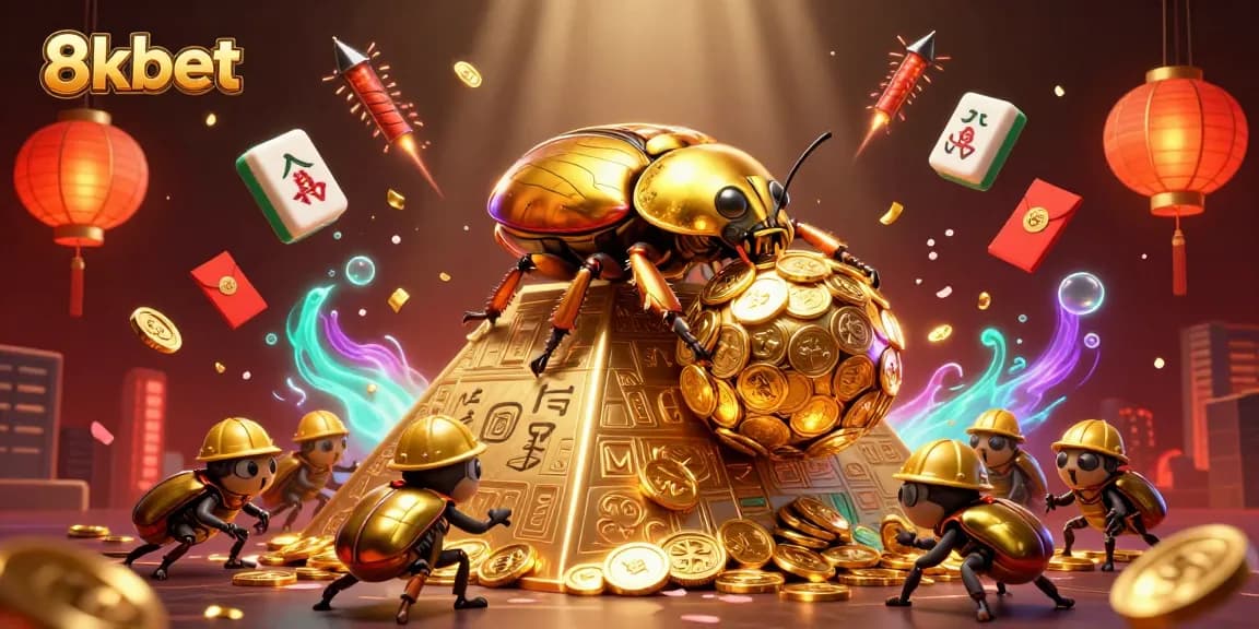 Engage in thrilling gaming adventures at 8xbet with a dynamic illustration of beetles rolling golden coins, capturing the excitement of the casino.