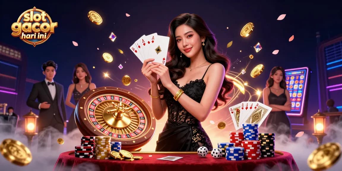 Experience slot gacor hari ini with an elegant woman holding playing cards amidst casino glamour.