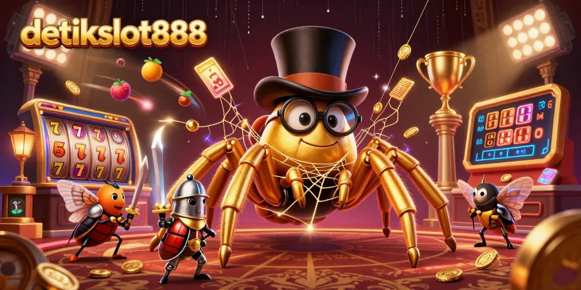 Engage with the thrill of detikslot888 as characters spin golden webs in a dynamic casino illustration.