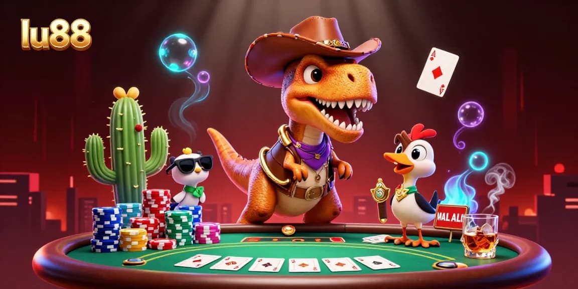 Engage in thrilling poker action with lu88 in a vibrant 3D animated casino scene.