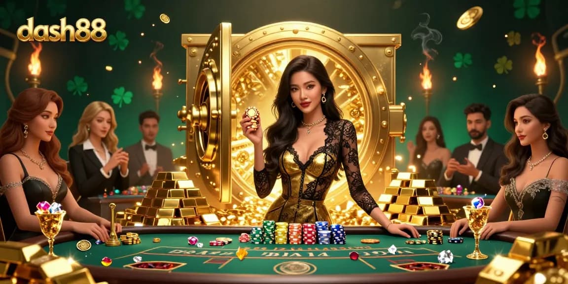 Experience high-stakes gaming action with dash88 at the exclusive baccarat table, surrounded by gold and treasures.