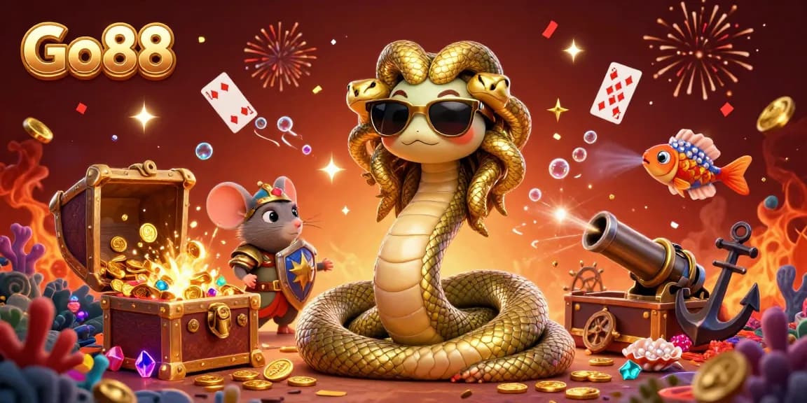 Engage with Go88's exciting casino environment featuring Medusa, a warrior mouse, and vibrant treasures.