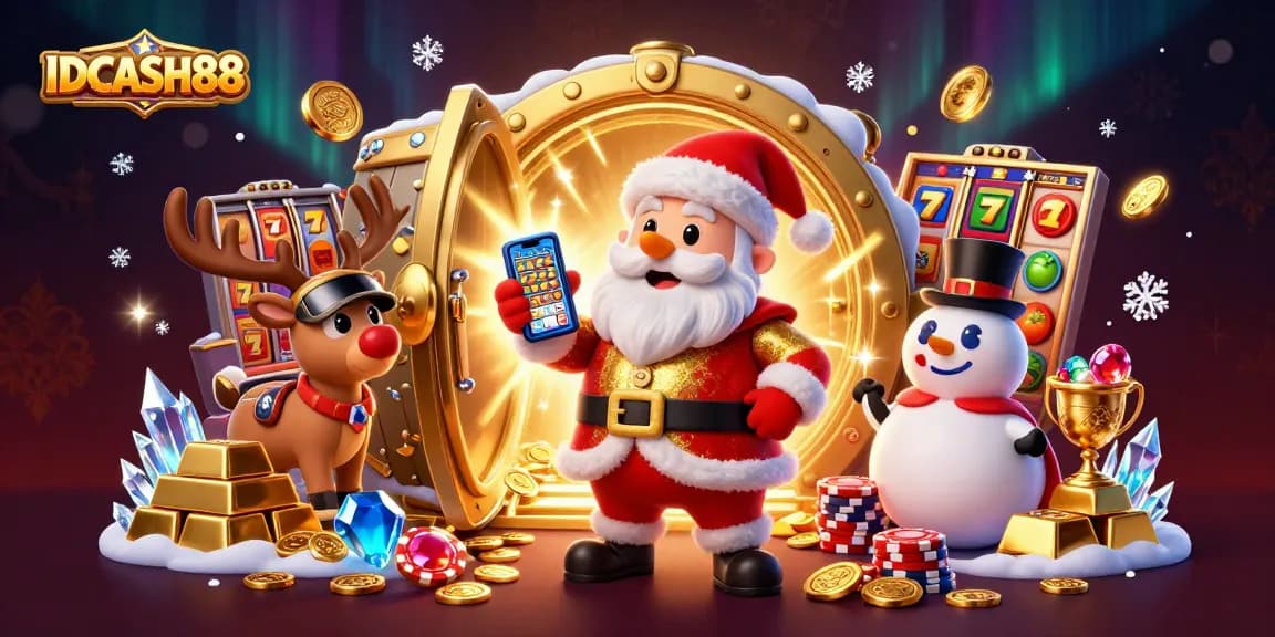 IDCASH88 showcases a festive casino scene with Santa, reindeer, and snowman surrounded by jackpot and slot elements.