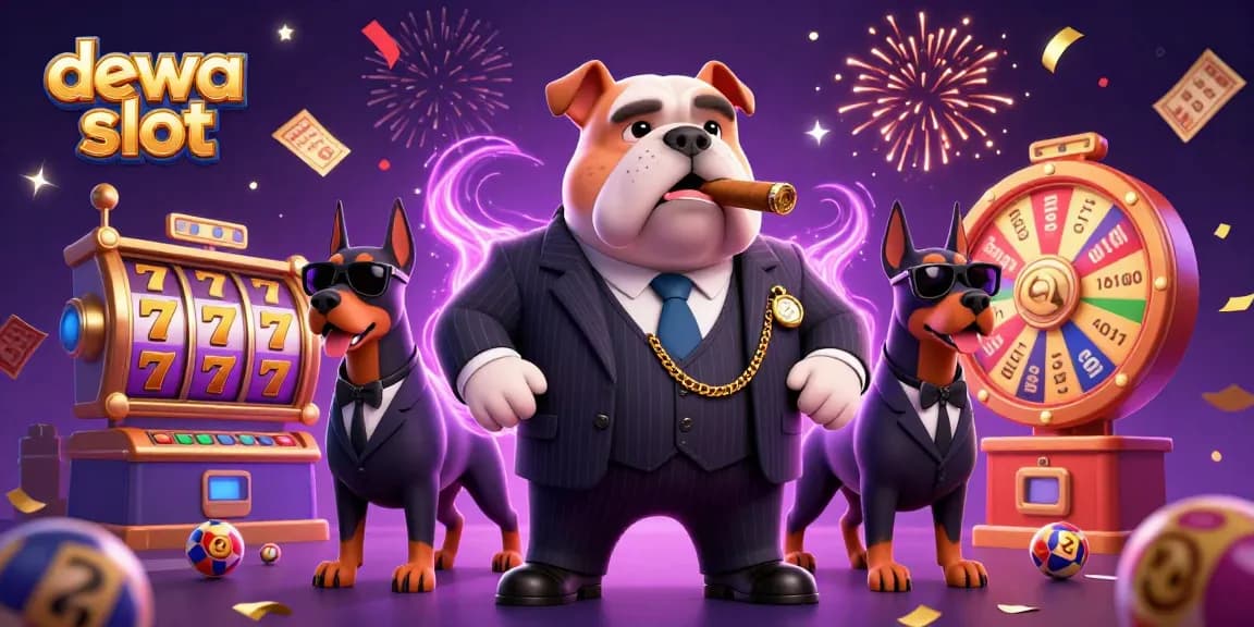 Dewa slot menampilkan karakter mafia bulldog dengan dua Doberman beraksi di dunia slot yang penuh warna.
