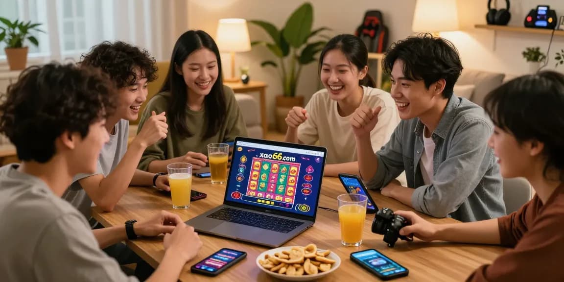 Friends enjoying a gaming session on xoso66.com with lottery and casino games.