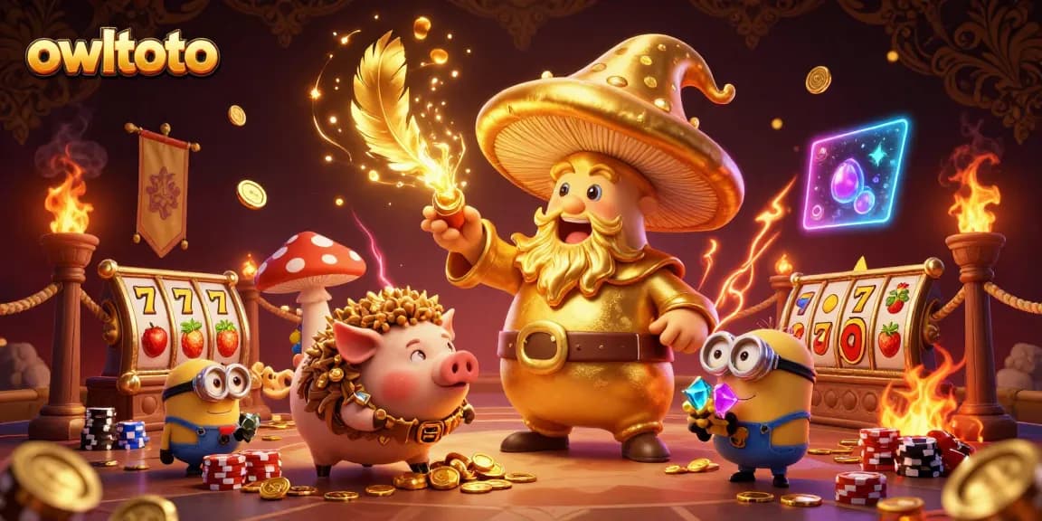 Play and win with owltoto at this vibrant online casino scene showcasing gold and slot excitement.