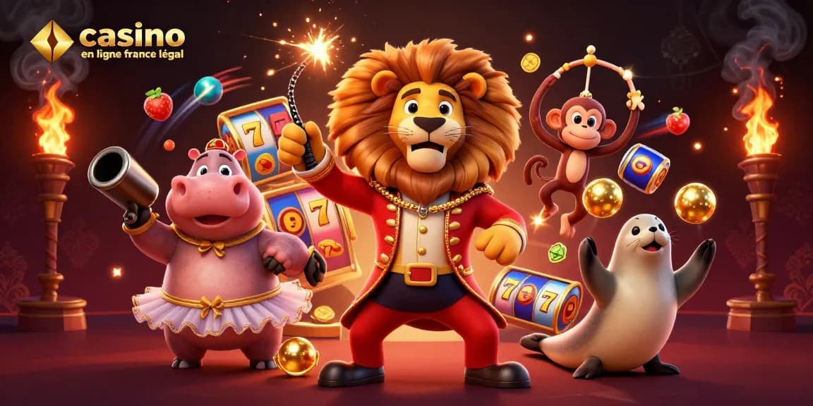 Découvrez l'excitation du casino en ligne France légal avec une illustration vibrante sur le thème du cirque mettant en avant des éléments de casino uniques.