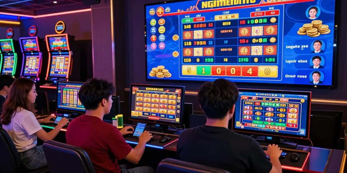 Exciting ngamenjitu online gambling experience with enthusiastic players engaging with devices and colorful slot graphics.