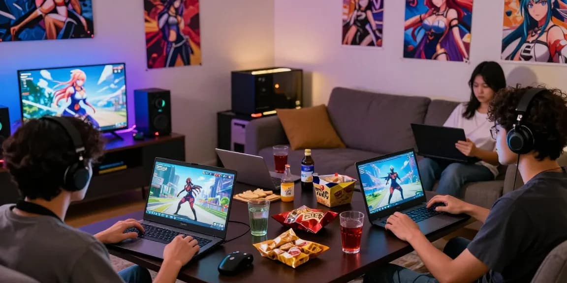 Players enjoying engaging hentai games in a cozy living room with vibrant anime decor.