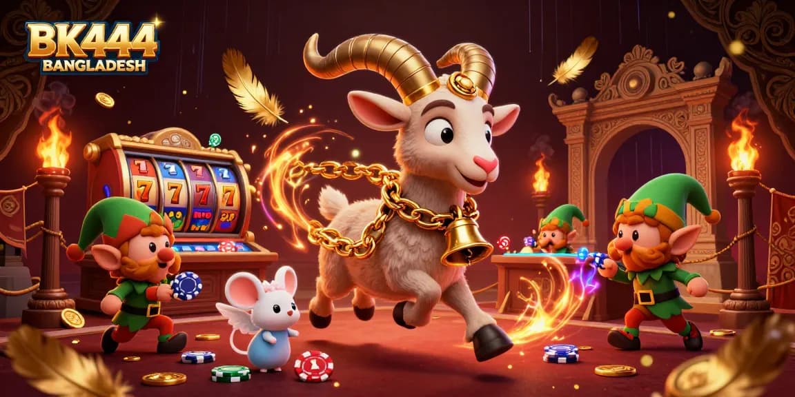 Join the thrilling BK444 BANGLADESH casino adventure with games, poker chips, and festive characters!