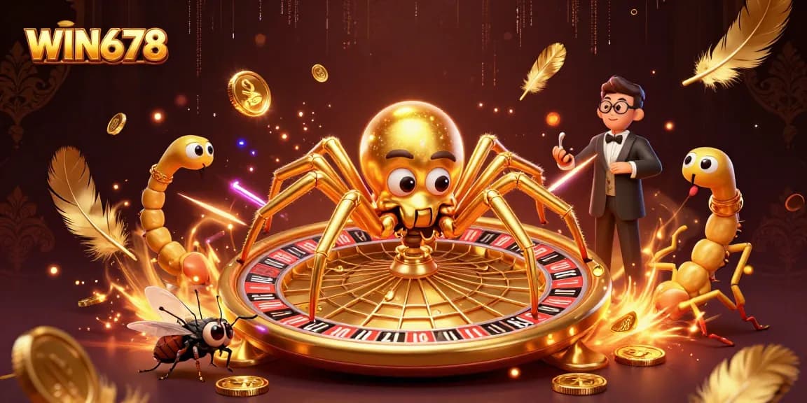 Engage with WIN678's exciting roulette action featuring a spider and a centipede croupier.