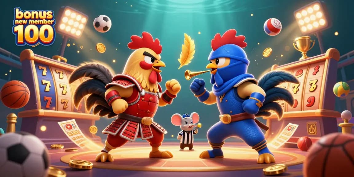 Engage in exciting gameplay with bonus new member 100, featuring bold roosters and vibrant casino elements.