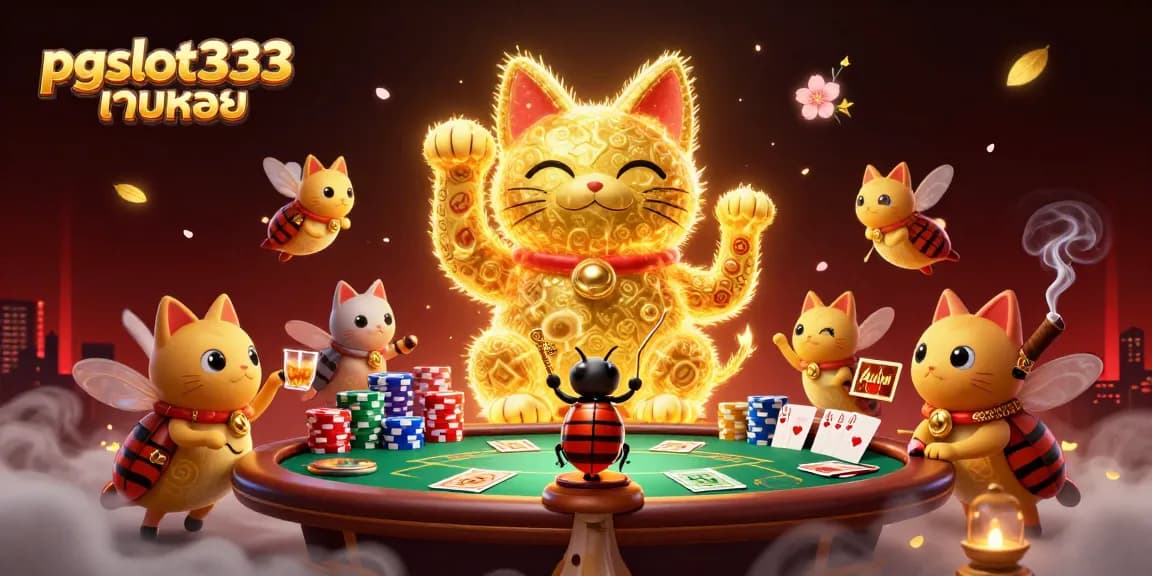 Engage with pgslot333 เว็บตรง as a giant lucky cat comes alive amid vibrant casino elements.