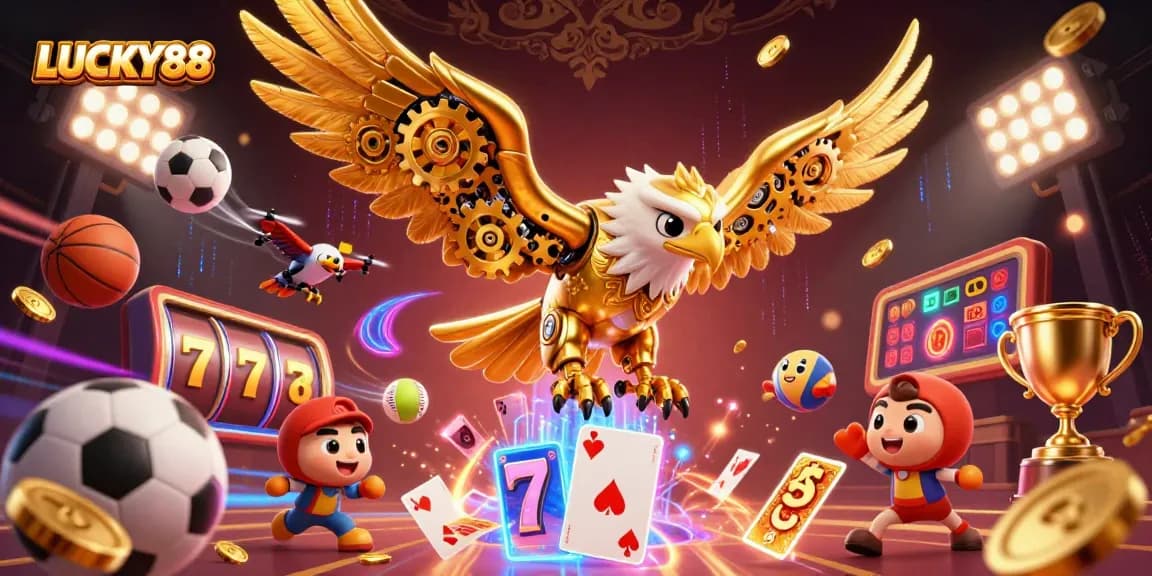 LUCKY88 enhances excitement in a vibrant 3D casino scene with golden eagle and sports elements.