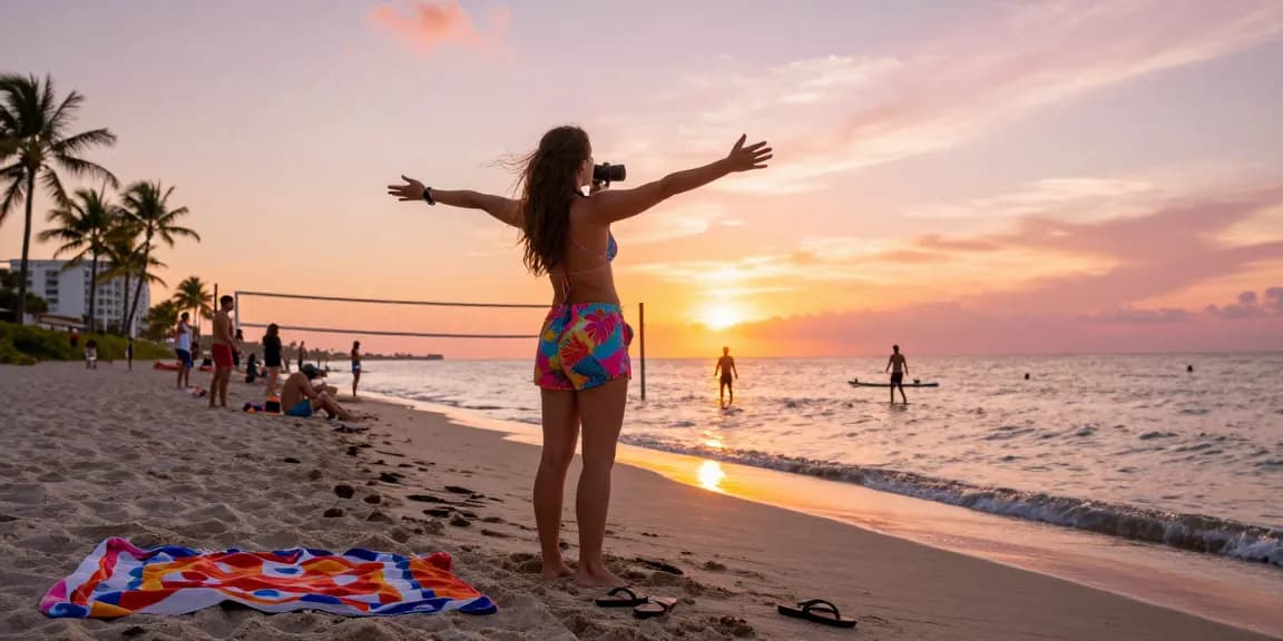 Pengunjung https://miami4d.com/ di pantai Miami saat matahari terbenam, merasakan suasana hangat.