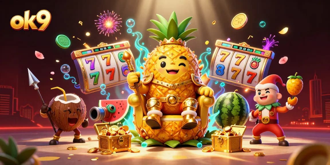 Engage in epic casino action with ok9 as the golden pineapple king rules over a vibrant beach casino.