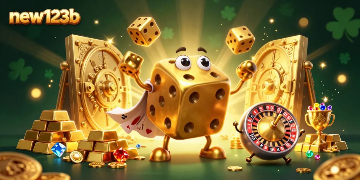Experience new123b's thrilling features with golden dice and treasure in this vibrant casino scene!