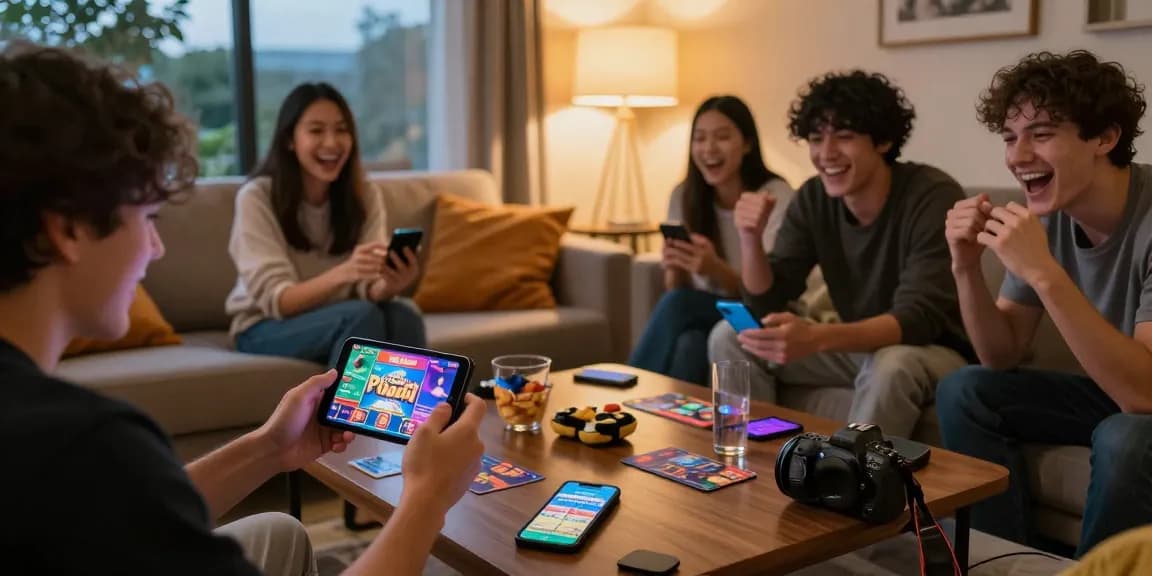 Get started with 3 Patti Vegas mobile gaming, featuring friends enjoying the app together in a cozy living room atmosphere.
