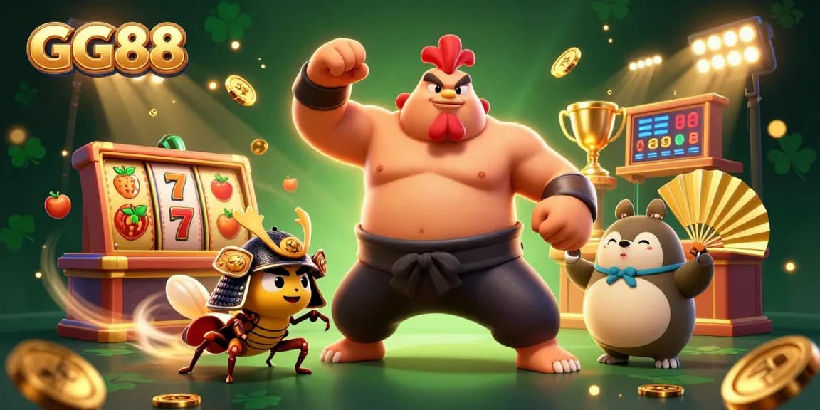 Experience thrilling gaming action with GG88's vibrant casino illustration featuring engaging characters and elements.