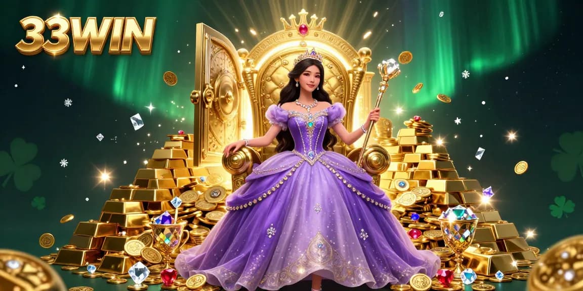 Engage with 33WIN's opulent casino prizes amid stunning 3D majestic visuals highlighted by golden treasures.