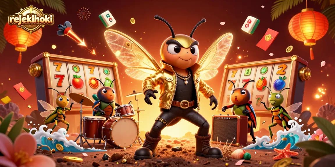 Engage with rejekihoki's vibrant slot scene featuring a rock star, beetle drummer, and crickets.