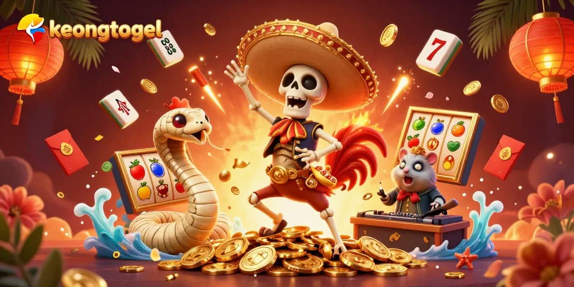 Experience exhilarating wins with keongtogel as a mariachi rooster celebrates amidst golden coins and slot elements.