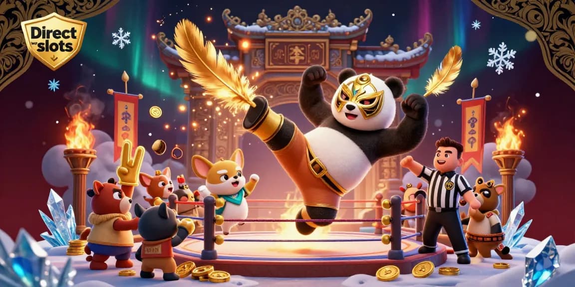 Experience thrilling action with Direct web slots as a flying panda wrestler and attentive referee entertain a lively crowd.