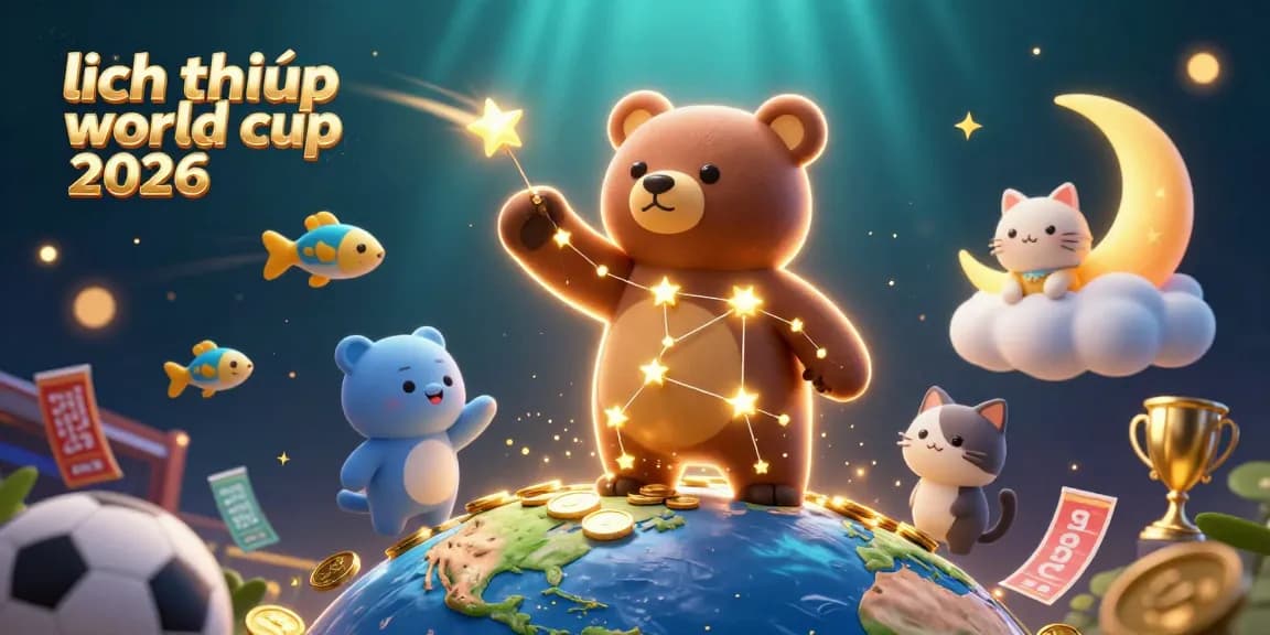 Engage with lịch thi đấu world cup 2026 through an exciting 3D illustration depicting a whimsical bear, sports elements, and vibrant colors.