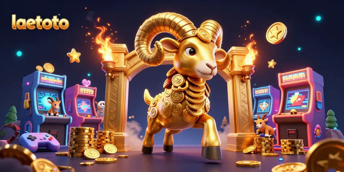 Engage with laetoto's dynamic betting experience illustrated by a charging golden ram amidst vibrant gaming elements.
