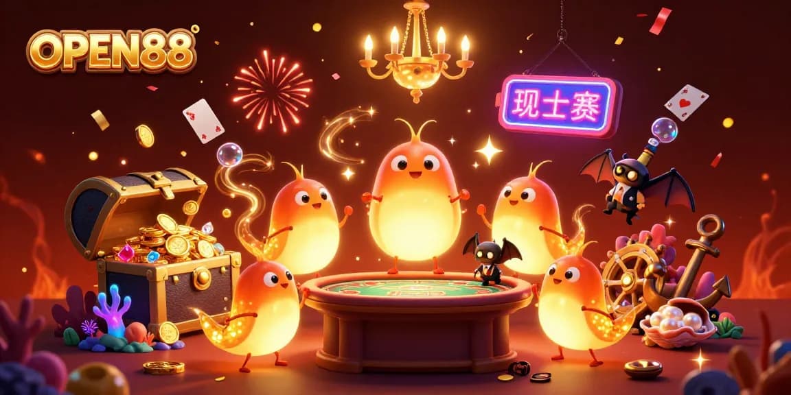 Experience thrilling gaming at OPEN88, showcasing vibrant glowworms illuminating a casino with a lively atmosphere.
