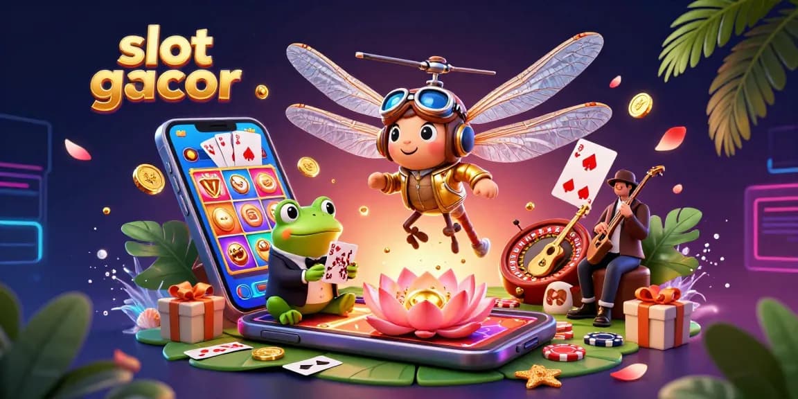 Engage with slot gacor visuals featuring a dynamic dragonfly pilot, frog croupier, and exciting slot action.