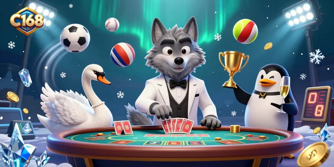 Experience excitement at C168's baccarat table with a debonair wolf, elegant swan, and sophisticated penguin.
