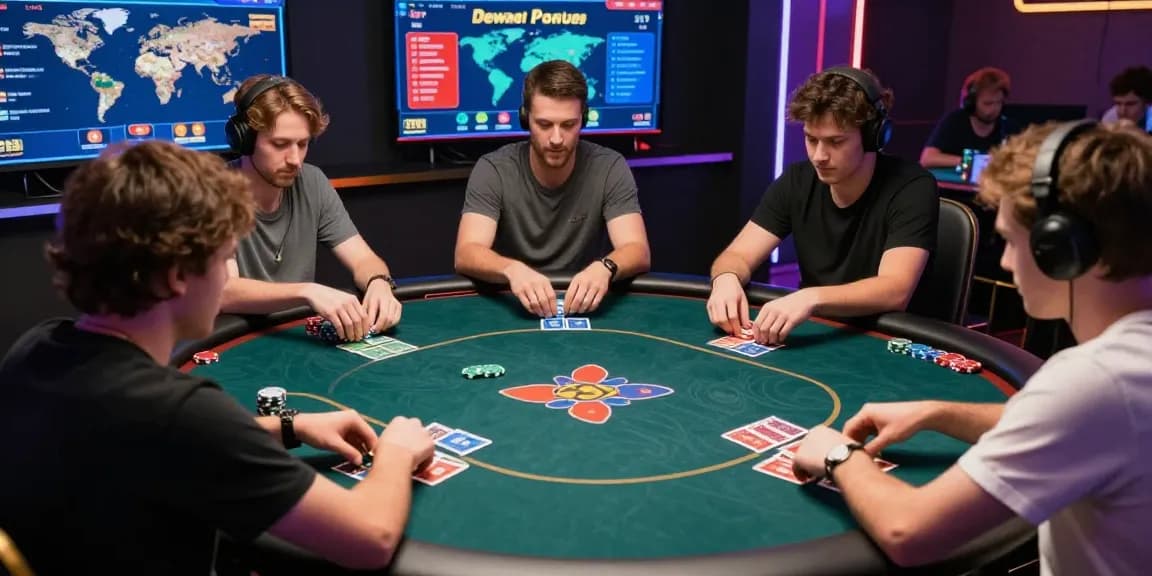 DewaPoker online poker game scene showcasing players strategizing with vibrant graphics and colorful chips.