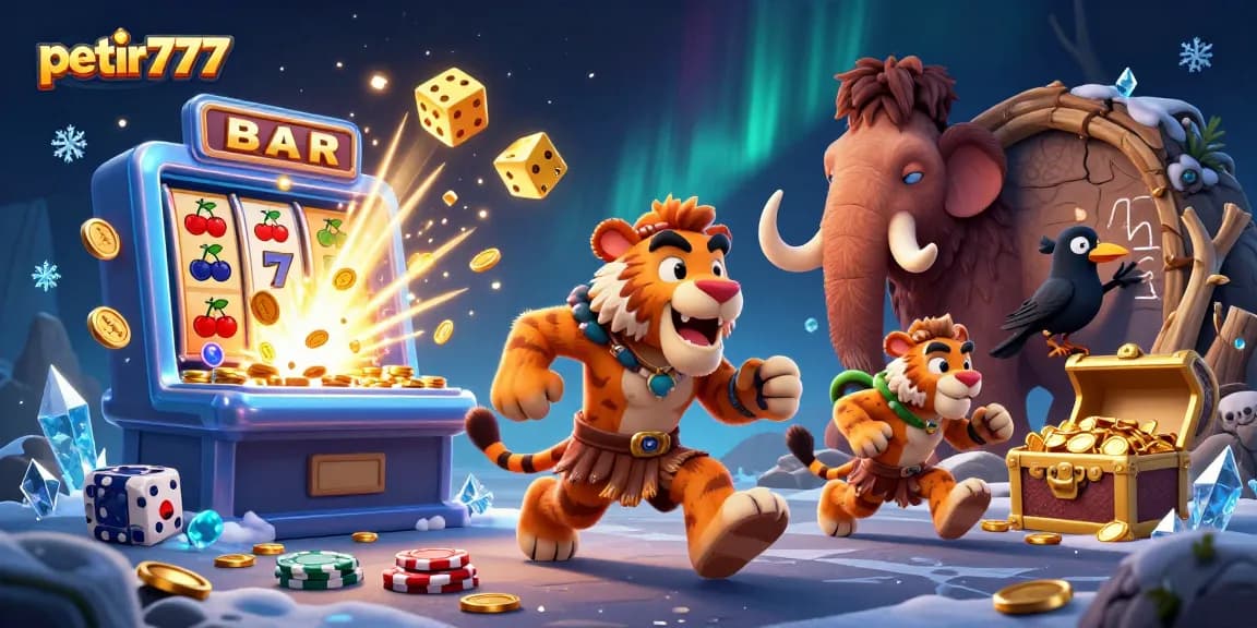 Experience the excitement of petir777 with a vibrant prehistoric casino scene depicting thrilling jackpots and engaging gameplay.