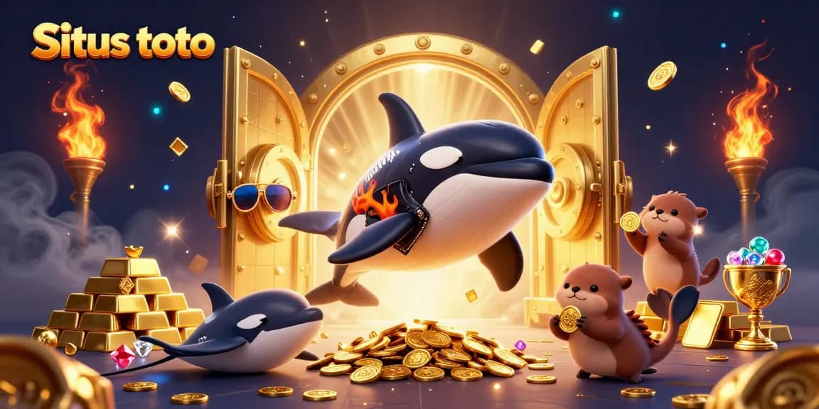Situs toto casino scene with a playful orca, a cool stingray, and otters holding coins.