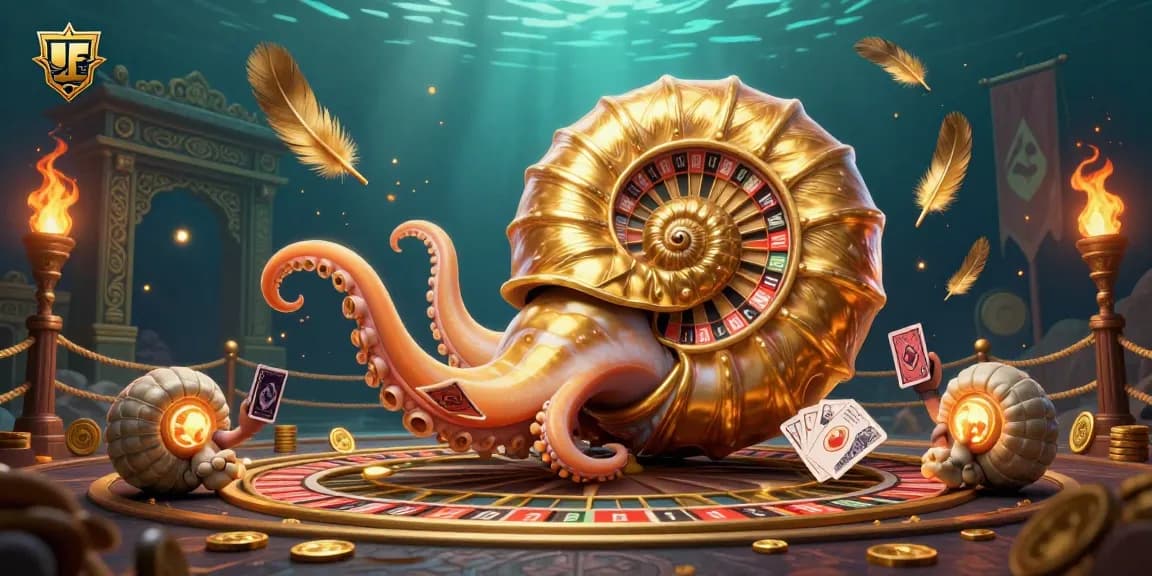 Bet on UFABRO with a giant nautilus roulette wheel surrounded by glowing ammonites and casino elements.