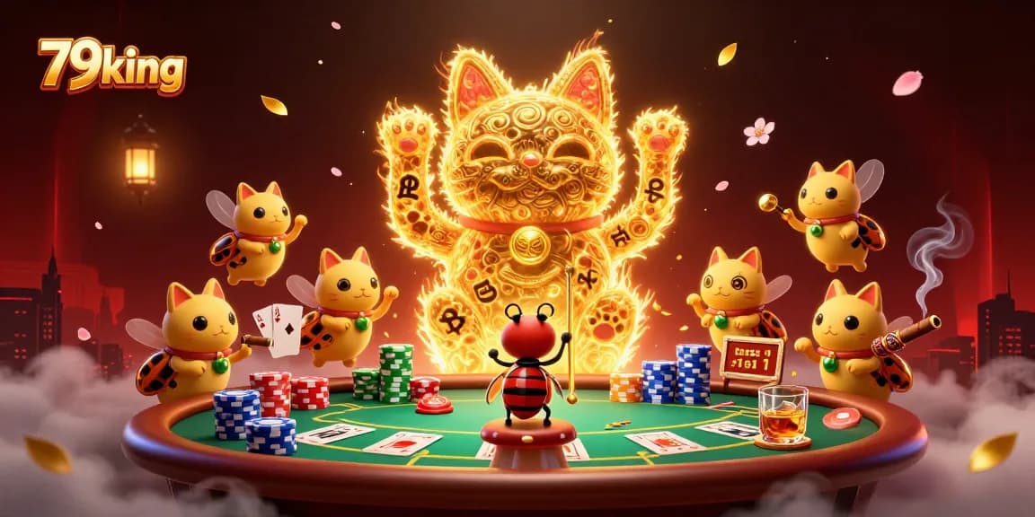 Experience thrilling wins with 79king as golden fireflies form a lucky cat at a vibrant casino setting.