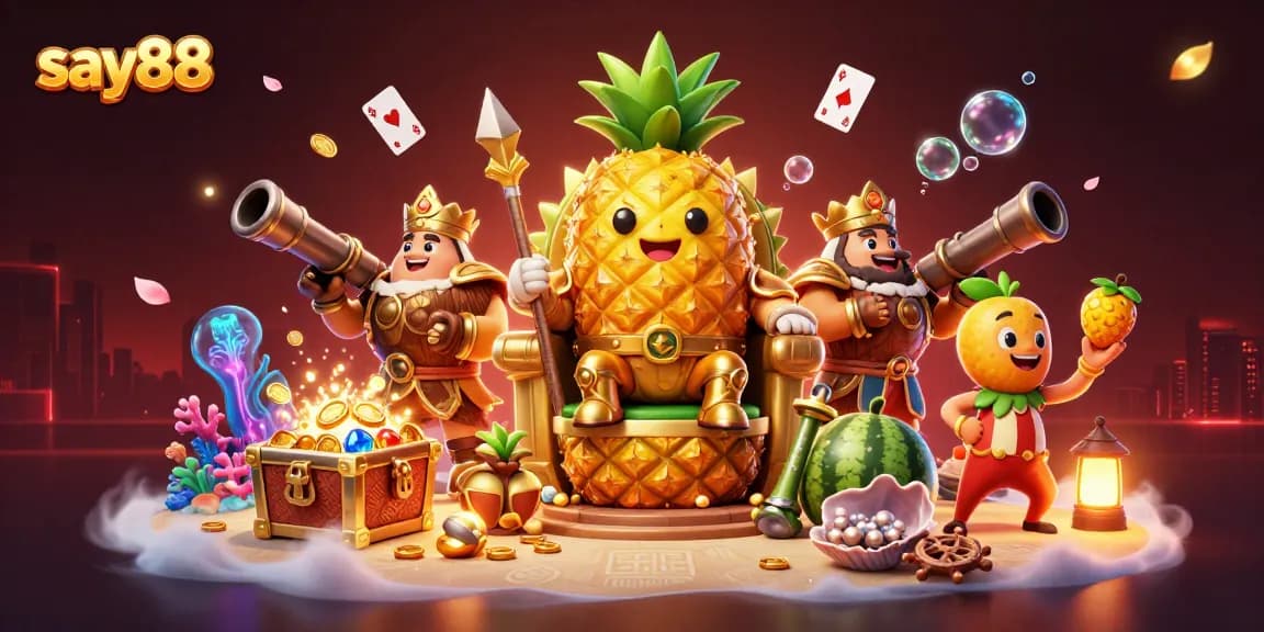Experience thrilling wins at say88 with a vibrant casino scene featuring a golden pineapple king under dynamic lights.