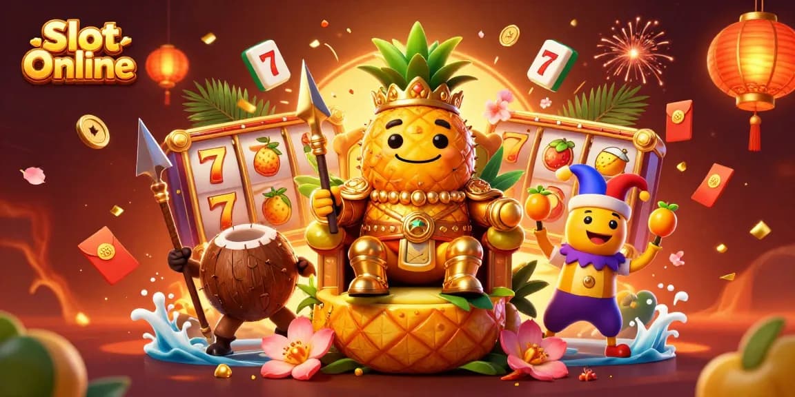 Spin the reels and win big with Slot Online featuring vibrant characters and a festive scene.