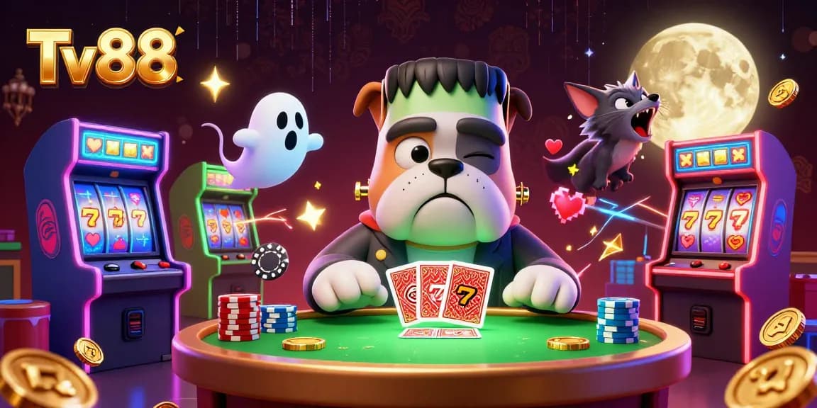 Engage with thrilling games at Tv88 featuring a cartoon bulldog dealer and vibrant casino elements.