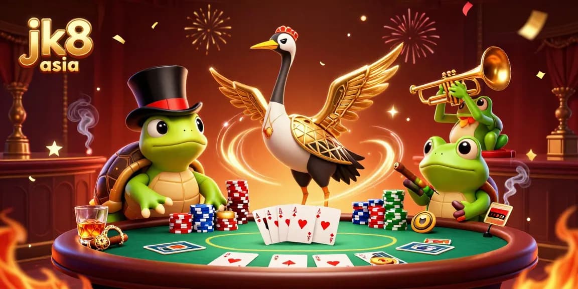 Engaging scene showcasing jk8 asia with a lively poker table, vibrant characters, and festive atmosphere.