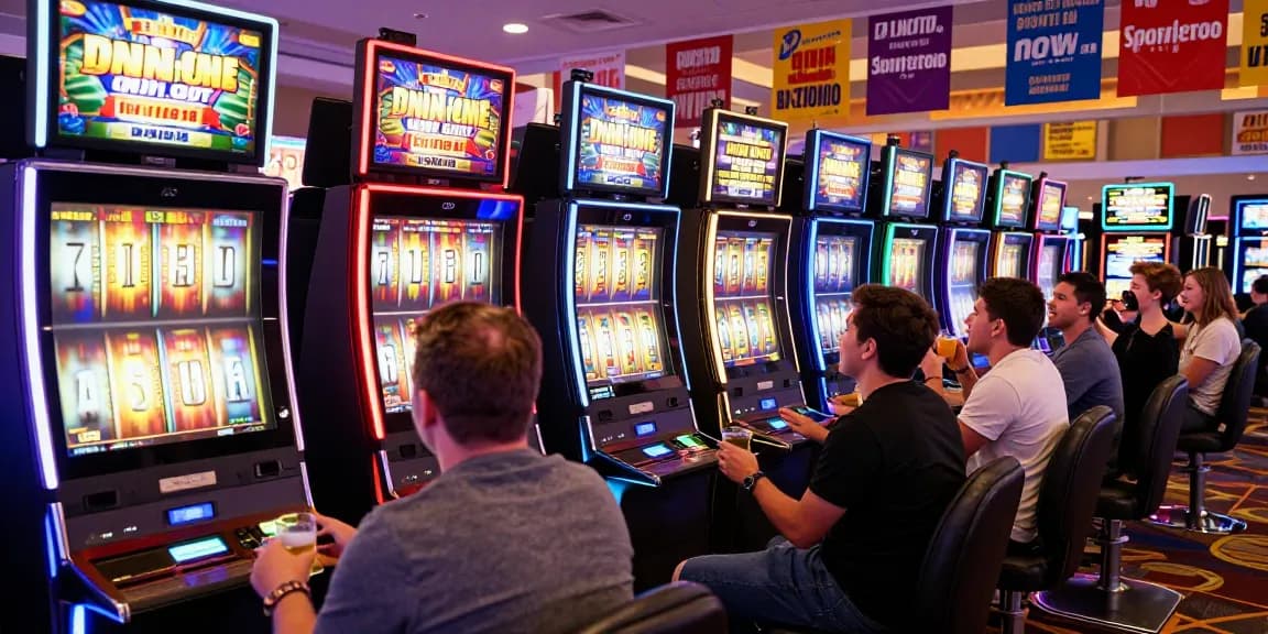 Slot jackpot di kasino dengan pemain bahagia di mesin slot.
