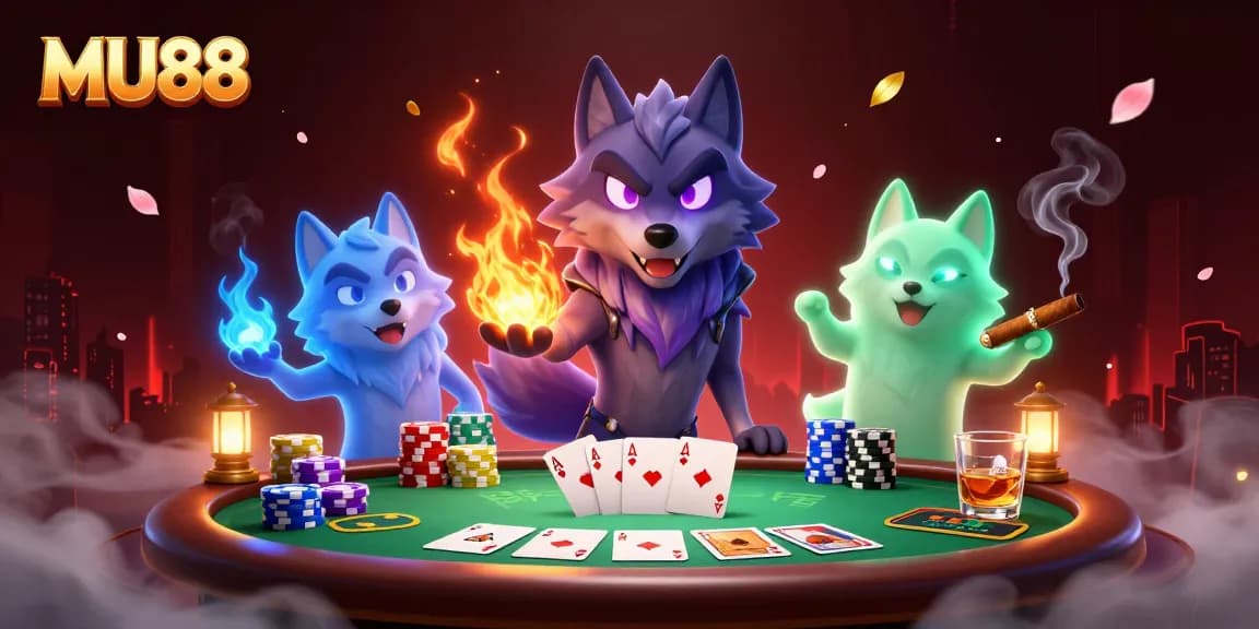 Lucky MU88 gaming experience showcasing cinematic poker scene with a wolf leader and vibrant atmosphere.