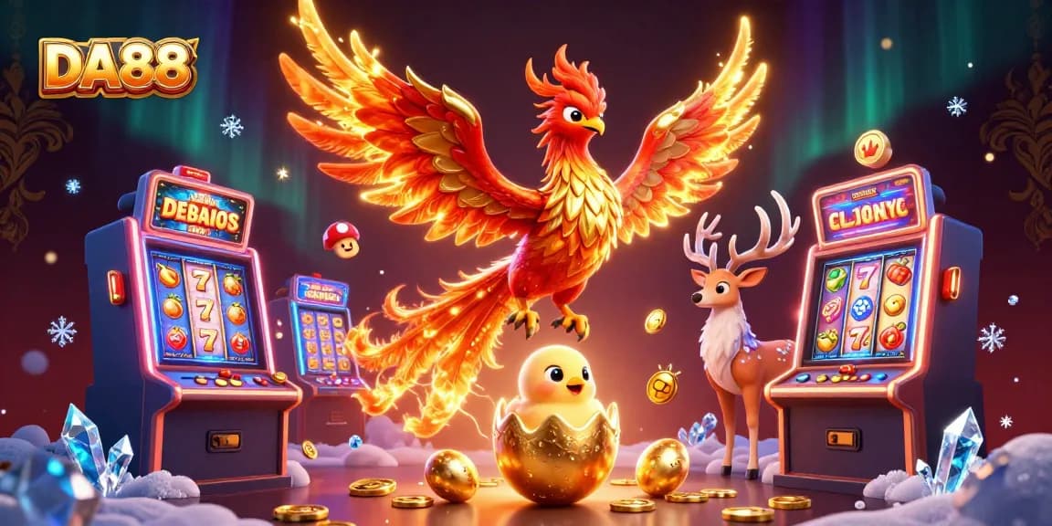 Engage with DA88: Experience thrilling gameplay with a vibrant fire phoenix and dynamic casino elements.