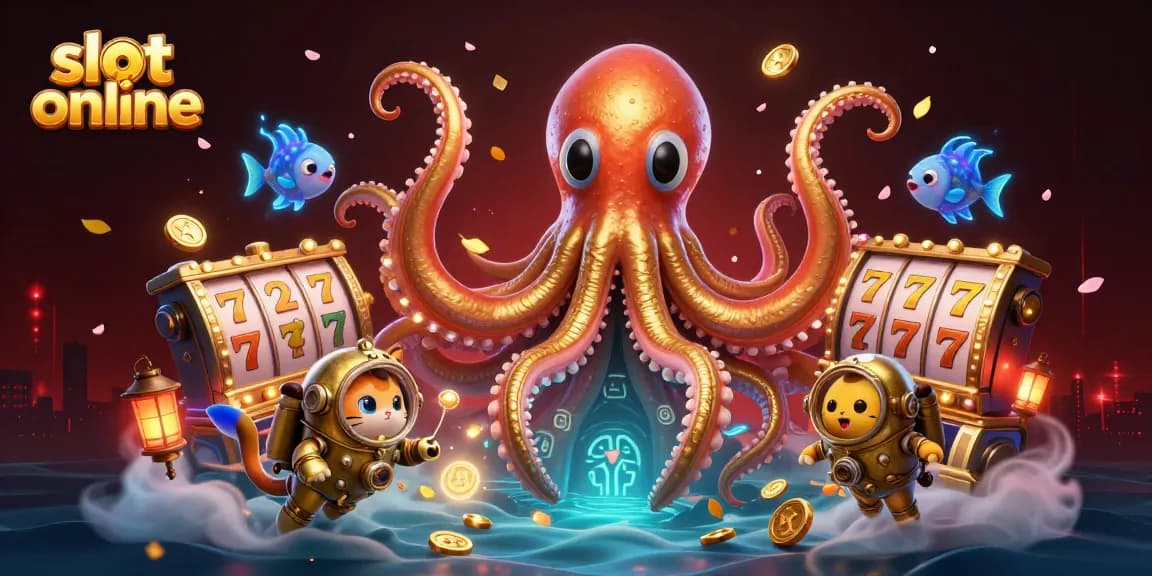 Menang slot online dengan karakter unik seperti kraken dan kucing penyelam dalam ilustrasi 3D yang menawan.