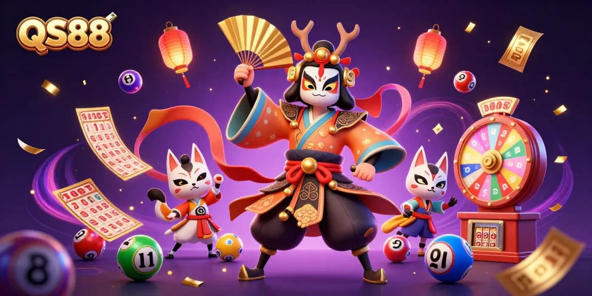 Engage with QS88's dynamic gaming scene filled with vibrant lottery elements and enchanting characters.