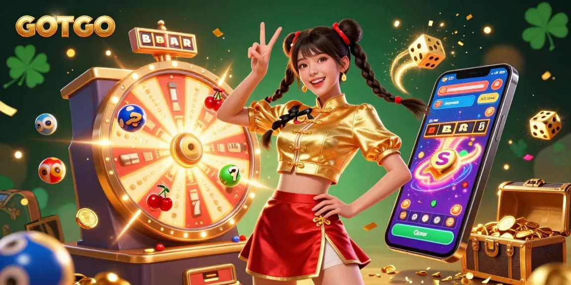 Menang besar dengan GOTOTO dalam suasana kasino 3D yang vibrant menampilkan elemen lotere berwarna-warni dan ledakan jackpot.