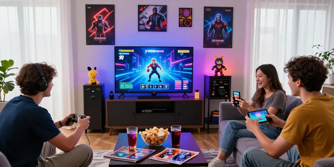 Gathering of friends enjoying y999-game in a vibrant living room filled with gaming accessories and snacks.