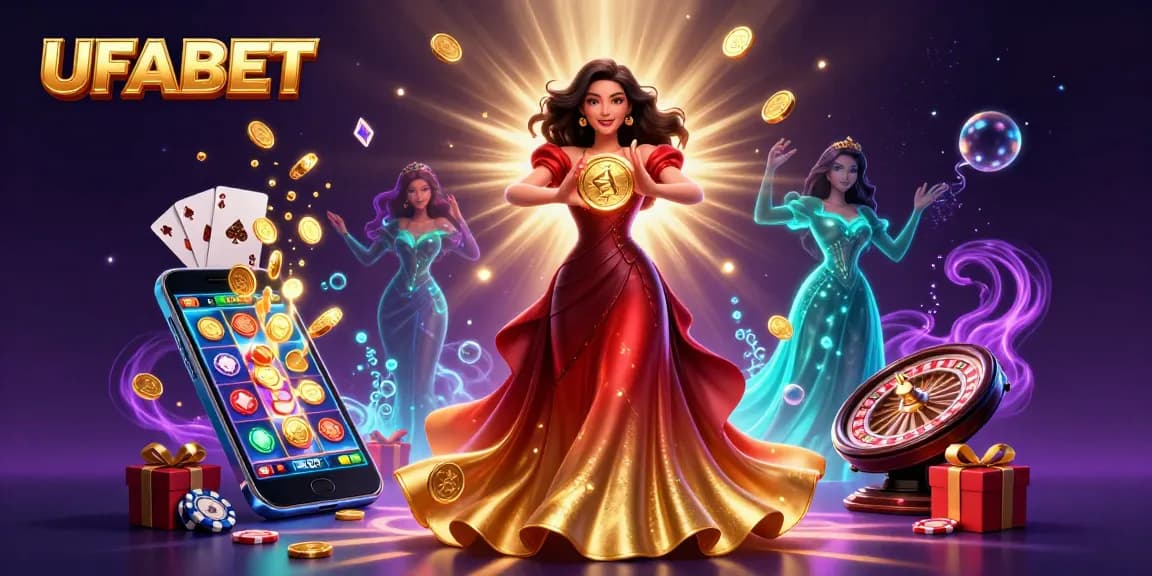 Experience UFABET's immersive gaming with a stunning illustration of a beautiful woman holding a golden coin surrounded by vibrant casino elements.