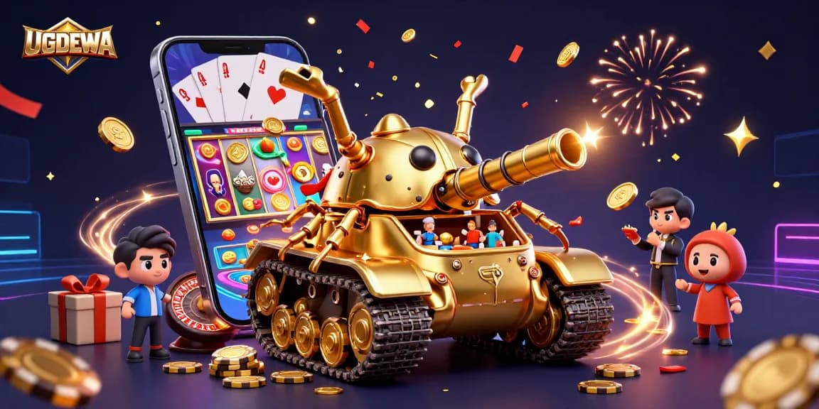Experience UGDEWA with a dynamic 3D illustration of a golden beetle tank casino amid vibrant gaming elements.